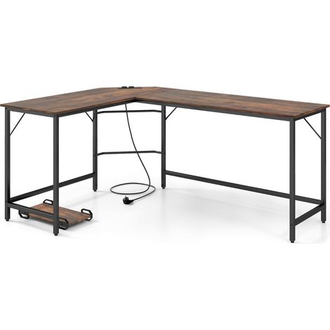 Bureau d'angle 168 x 50 x 74,5 cm avec prises USB et support UC design moderne en bois marron