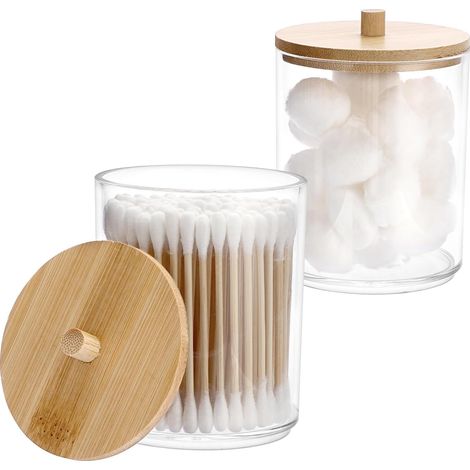 Lot de 2 pots à cotons-tiges en acrylique avec couvercle en bambou, ronds et transparents (1/5)