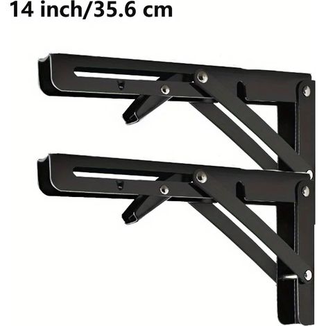 (Noir 35,5 cm - 2 pièces) 2 supports d'étagère pliables robustes en acier, fixation murale, pour établi, étagères de table, équerre de support - Quincaillerie pour la maison (1/5)