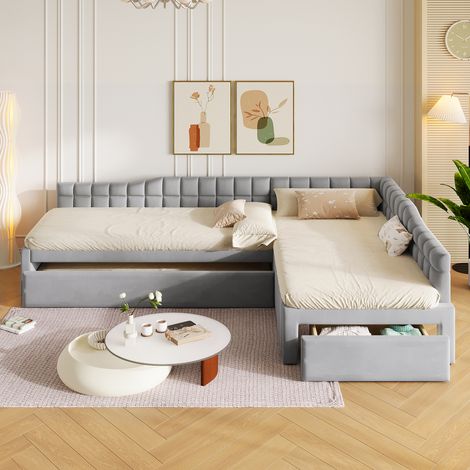 Lit d'angle rembourré 3 couchages,2 lits 90x200 cm et lit gigogne 90x190 cm,tiroirs de rangement,velours gris (1/5)