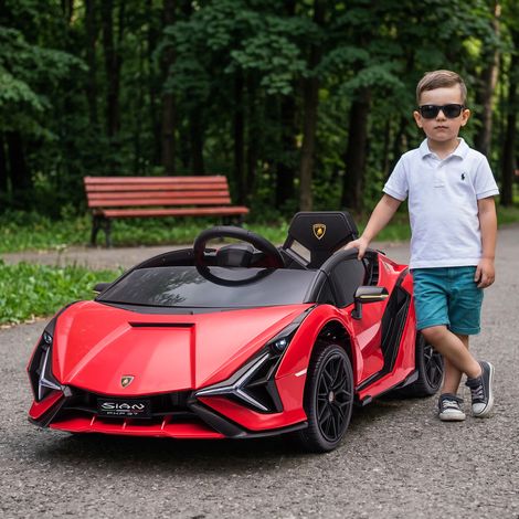 Voiture électrique pour enfants de 3 à 5 ans, Lamborghini Sian 12V, vitesse de 3 à 5 km/h, avec 2 moteurs, phares, musique, télécommande, ceinture de sécurité et klaxon, rouge (1/5)