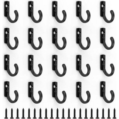 20 ganchos vintage, mini ganchos para abrigos de 24 x 17 mm con 20 tornillos, fabricados en aleación de zinc, gancho individual negro vintage, adecuados para pasillos, dormitorios y salas de estar.