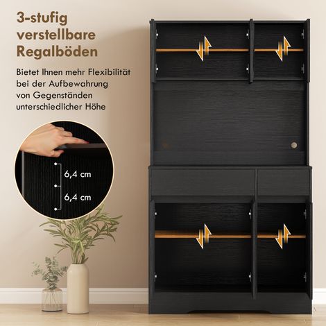 Buffet de cuisine avec plan de travail, 6 portes, grand meuble de rangement avec étagères, noir (1/5)