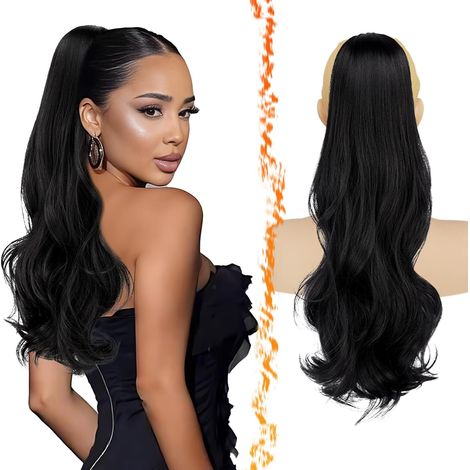 Noir Ondulés Queue de Cheval Extension avec Cordon, 60cm Peigne Clip in Queue de Cheval Extension Cheveux pour Femmes Synthétique Aspect Naturel Bouclés Épais Noir Postiche Ponytail (1/5)