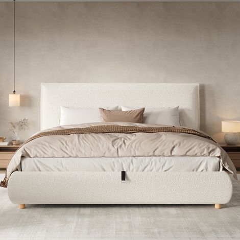 Lit double rembourré blanc bouclette 180x200 cm avec coffre hydraulique, sommier fourni, tête capitonnée et pieds en bois massif