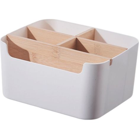 Organiseur de bureau à 5 compartiments en bambou avec porte-stylos, porte-stylos, boîte de rangement pour stylos, cosmétiques, petits objets, blanc (1/4)