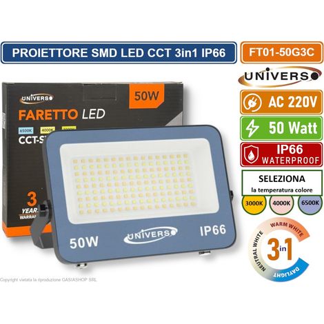 UNIVERSO FT01-50G3C FARO PROIETTORE SMD LED ULTRA SLIM 50W CCT SWITCH TEMPERATURA COLORE SELEZIONABILE IP66