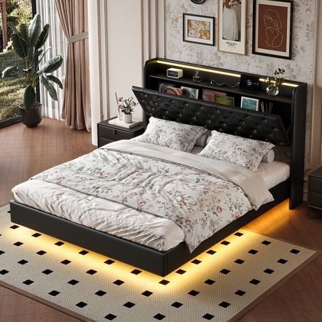 Lit 140x200 cm avec éclairage LED et Charge USB, Lit Coffre avec Rangement, Cadre de lit avec Sommier à Lattes, PU, Noir (1/5)