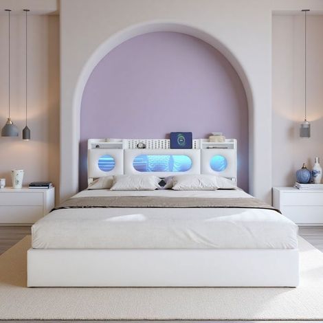 Cama Cofre - 160x200 cm - Almacenamiento Hidráulico - LED RGB - Carga Rápida USB/Tipo-C