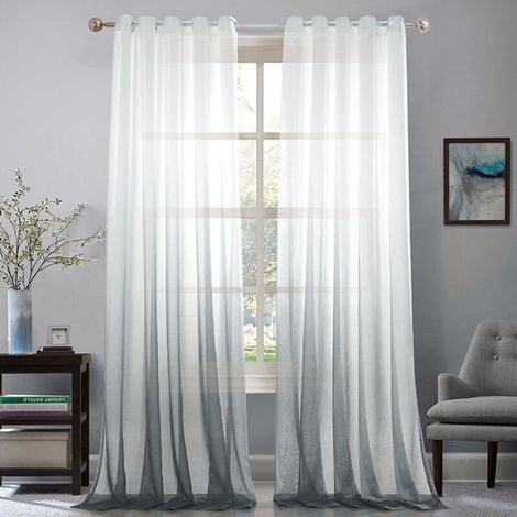 Rideaux en Lin Optique Semi-Transparents - Lot de 2 - 244cm H x 132cm L - Dégradé de Couleur à Oillets - Gris - pour Salon ou Chambre