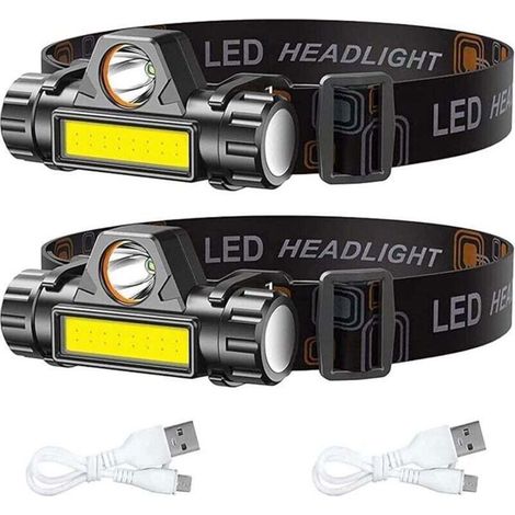 Lampade frontali a LED ricaricabili - Confezione da 2 - Luce intensa - Ricarica USB - Leggere (86 g) - Impermeabili (1/4)