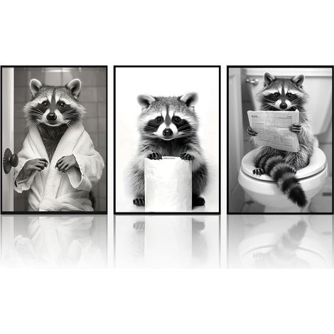 Lot de 3 toiles amusantes en noir et blanc–Chats mignons, loutres et ratons laveurs–Impression d'art humoristique pour salle de bain, toilettes– Sans cadre (Raton laveur, 3x20x30cm, Sans cadre) (1/5)