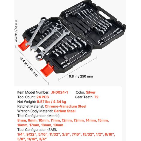 VEVOR Flex-Head Ratcheting Wrench Set, 24-Piece SAE and Metric, 72 Teeth, Cr-V Steel Ratchet Flexible Combination Wrench Set with Storage Case, for General Household and Automotive Repairs, Silver (1/4)