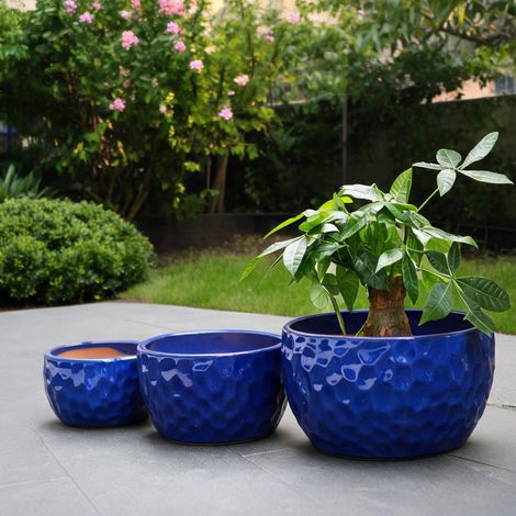 Lot de 3 pots de fleurs en céramique bleu profond avec motif (1/5)