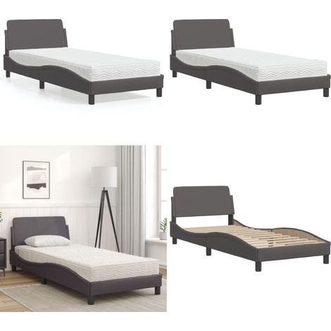 Lit avec matelas gris 90x190 cm similicuir - Lit Double - Lit Plateforme - Lit Design - Lit Confortable - Matelas Inclus - Home & Living (1/5)