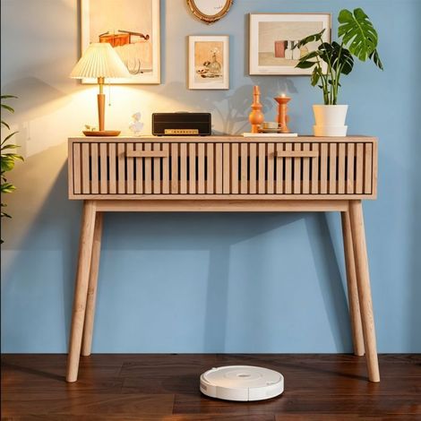 Console d'entrée - 2 tiroirs bois clair - Tiroirs amortis - Pieds 60 cm (compatible robot) - Kit anti-basculement