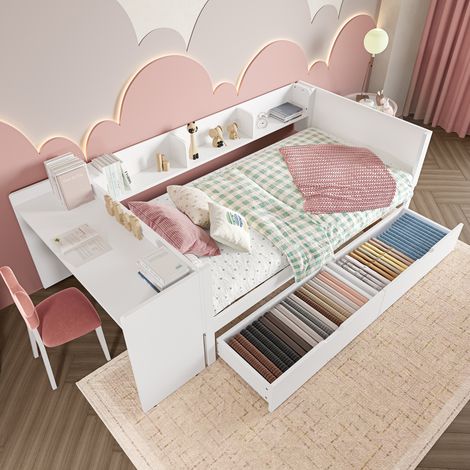 Einzelbett 90/200 cm weiß aus Kiefer und Spanplatte mit Schreibtisch und 2 Schubladen (1/5)