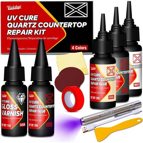 Kit Reparation Carrelage, Kit Réparation pour Receveur de Douche, Baignoires, Lavabos - Ils Comprennent 4 Options de Couleur, Lampe UV, Vernis - Réparer Rapidement la Fibre de Verre,Résine,l'acrylique (1/5)