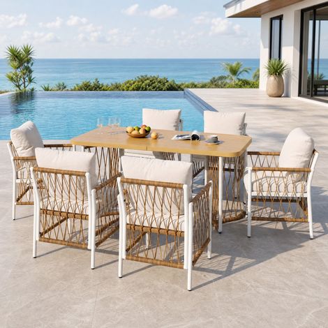 Conjunto de jardín 1 mesa y 6 sillas de ratán PE, cojines incluidos, beige HAVRYA (1/5)