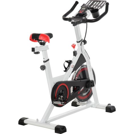 Vélo d'appartement avec résistance réglable, vélo de fitness professionnel et silencieux avec guidon et selle réglables, plateau de rangement, écran LCD, porte-bouteille, roulettes, blanc