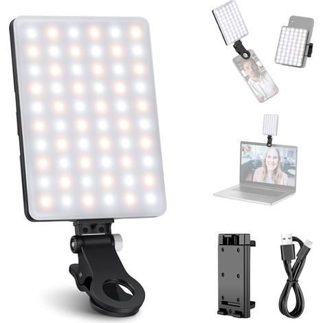 Selfie-Licht – inklusive Handyhalterung – 60 LEDs – 3 Beleuchtungsmodi – Tragbares Clip-Licht für Handys und Computer – USB-aufladbar – Kompakt (1/4)