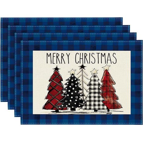 (12x18 Inches) Watercolor Blue Buffalo Plaid Christmas Tree Placemats Set Of 4, Winter Table Mats For Outdoor Family Party Kitchen Dining Decorati