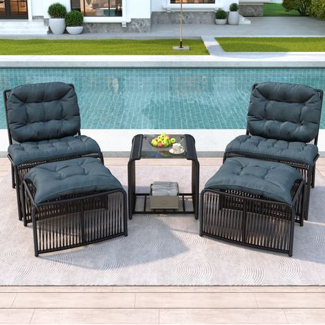 Salon de jardin 51/51/50,5 cm noir et gris en fer, verre et polyester avec coussins (1/5)