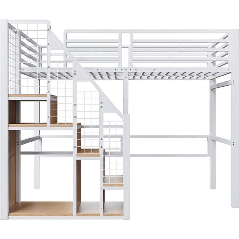 Lit mezzanine avec échelle de sécurité 90200, lit enfant avec cadre en fer et tablette de rangement, lit pour adolescent, lit simple, blanc