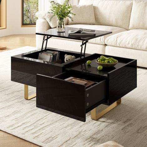 Table Basse Moderne Hauteur Réglable, MDF Brillant, Tiroir, Pieds Fer, Noir, pour Salon (1/4)