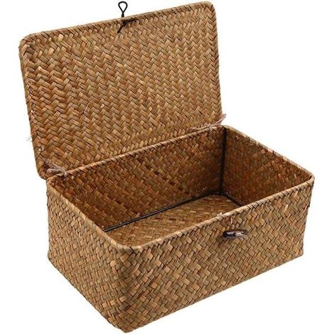 Panier de rangement en osier et jonc de mer avec couvercle, panier à linge en jonc de mer - Panier de rangement pour produits cosmétiques pour salle de bain, salon ou cuisine (S)