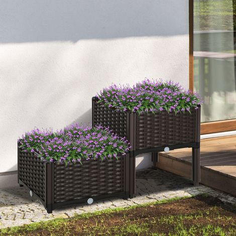 Set di 2 vasi quadrati per fiori e piante, con fori di drenaggio e piedini, 40x40x26/44 cm, marrone.