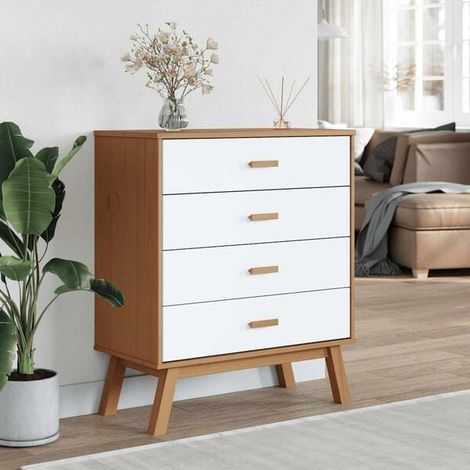 Commode 5 Tiroirs en Bois de Pin Massif, Meuble de Rangement Style Scandinave Blanc et Marron, pour Chambre et Salon (1/5)
