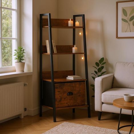 Bibliothèque échelle à 4 Niveaux, 42 x 29 x 110 cm, avec tiroir en Tissu, étagères en Bois de 12 mm et Cadre en métal de 20 mm, paroi arrière de 7,5 cm, étagère pour Salon (1/4)