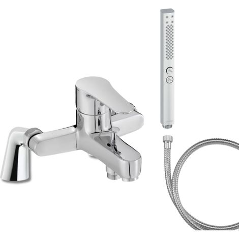 Mitigeur baignoire JACOB DELAFON July + pommeau de douche Shift+ carré + flexible de douche métal + colonnettes (1/4)