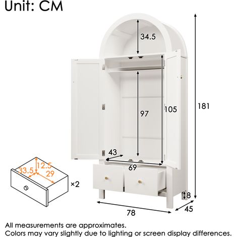 Armadio 181x78x45 cm con intreccio in rattan, stile country, colore bianco, ripiano semicircolare a giorno, 2 ante con chiusura magnetica, 2 cassetti, asta appendiabiti e dispositivo antiribaltamento. (1/5)