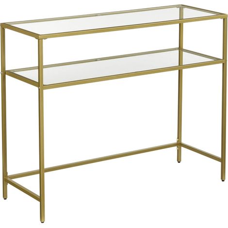 Mesa consola mesa de entrada mesa auxiliar tablero de cristal templado marco de metal 2 niveles patas ajustables 100 cm para salón recibidor pasillo dorado 120002976 (1/2)