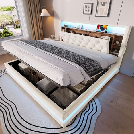 Etagenbett 180/200 cm aus Samt in Beige mit Stauraum, LED und Multifunktionskopfteil (1/5)