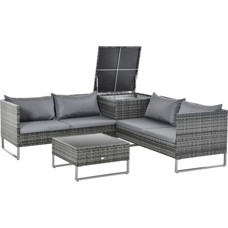 Conjunto de 4 muebles de jardín de ratán con 2 sofás dobles, mesa de centro, mesa con estante y cojines extraíbles para terraza exterior. Medidas: 132 x 69 x 64 cm. Color gris. (1/5)