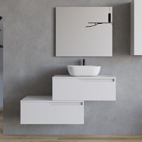 Meuble de salle de bain 120cm avec vasque à poser arrondie - 2 tiroirs - blanc - CADIX (1/5)