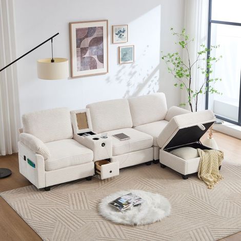 Canapé grand velours côtelé beige 266x136 cm – console coulissante, port USB‑C et pouf de rangement