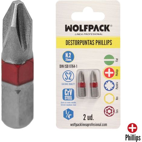 WOLFPACK LINEA PROFESIONAL Langer Bits Phillips-Schraubendreher Nr. 2 (2 Stck.). Chrom-Vanadium-Stahl S2. Sechskant-Bits, Bithalter,