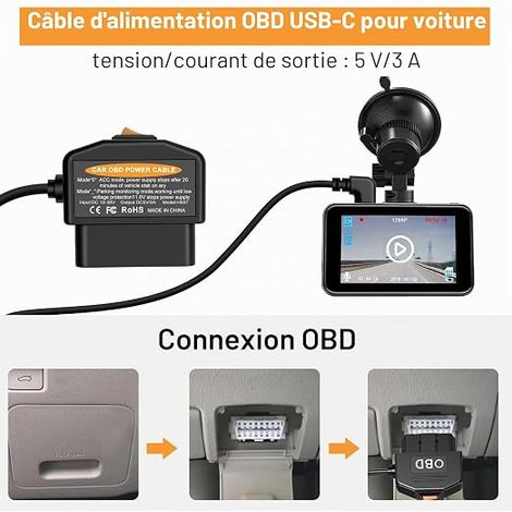 3.5 m OBD Power Cable for On-Board Camera Type C OBD2.12V-36V Dashcam Wiring Kit Adapter 90° USB C Charging Connector 5V/3A with Switch (1/4)