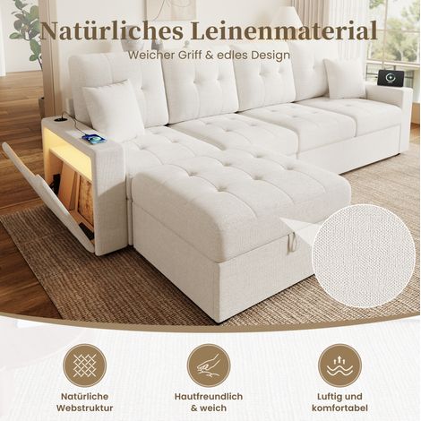 Divano angolare modulare 253x144,5x80,7 cm in lino beige con pouf contenitore – MEUBLIV (1/5)