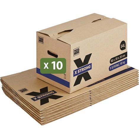 Pack and Move - Lot de 10 Cartons Déménagement X Strong - 60 x 30 x 30 cm - Charge 40 kg - Extrême Résistance - Grande Capacité