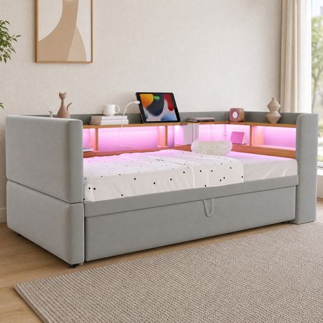 Sofá cama 90/180x190 cm gris claro en franela con LED, enchufes y compartimentos (1/5)