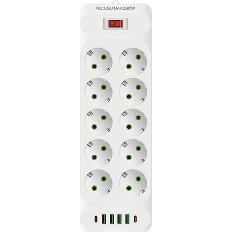 Multiprise USB à 10 prises avec 4 ports USB, chargeur de voyage (5 V 3,1 A), 1 port USB-C, 2 500 W 10 A, câble de 2 m, usage domestique. (1/5)