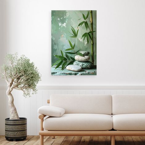 Wandbild Zen Spa Steine Bambusblätter in Grün 60x90 (1/4)