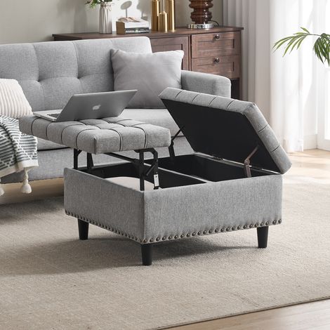 Sgabello regolabile in altezza con contenitore, adatto per soggiorno e camera da letto, 75×75×41cm, lino, grigio (1/5)