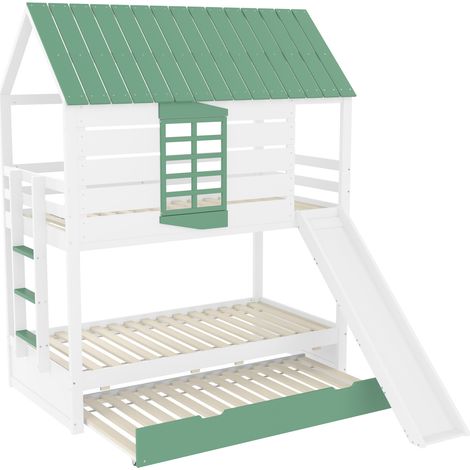 Litera casita 90 x 200 cm con tobogán y cama nido, blanco y verde HOMVRA (1/5)