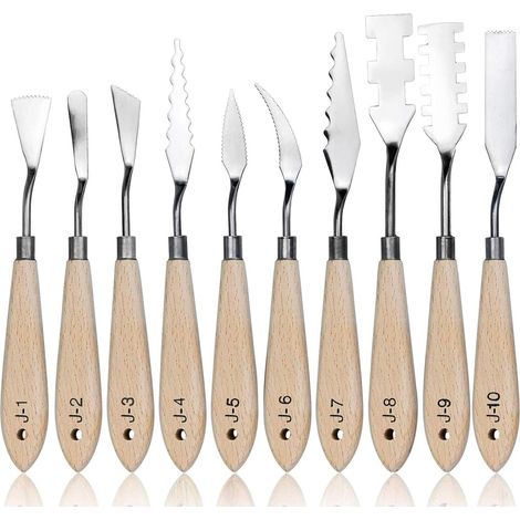 10 pcs Acier Inoxydable Palette Couteau, Ensemble Palette Couteau Peinture, Peinture à l'huile Couteau, Manche en Bois (1/4)